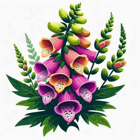 Vector illustration of foxglove flowers with leaves, buds and budsのイラスト素材