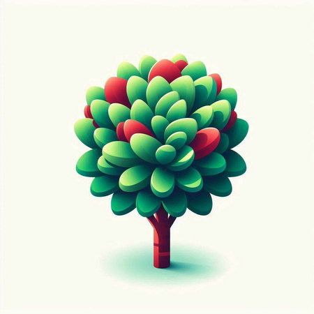 Illustration of a green tree with red and green leaves on a white backgroundのイラスト素材