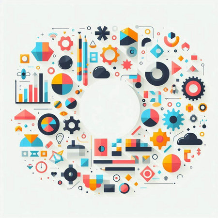 Abstract colorful geometric background with circles, squares, rectangles and other elementsのイラスト素材