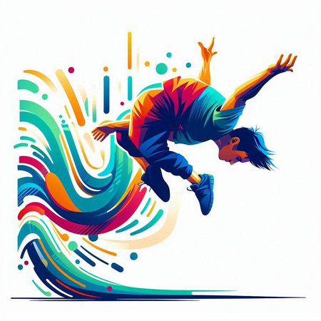 illustration of a young breakdancer jumping with colorful abstract backgroundのイラスト素材