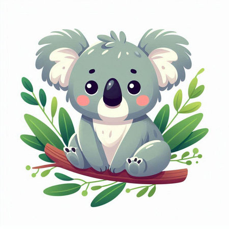 Cute cartoon koala with eucalyptus leaves. Vector illustration.のイラスト素材