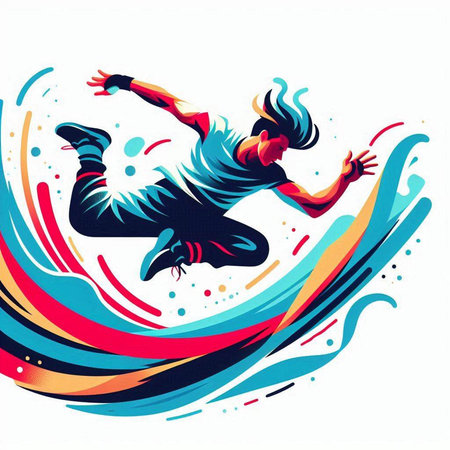 illustration of a breakdancer jumping in the air with colorful backgroundのイラスト素材