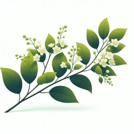 branch of jasmine with flowers and leaves on a white backgroundのイラスト素材