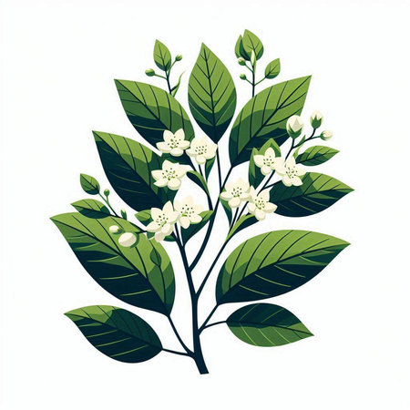 Jasmine branch with flowers and green leaves. Vector illustration.のイラスト素材