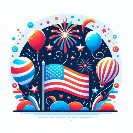Happy Independence Day. American flag, balloons, fireworks and stars. Vector illustration.のイラスト素材