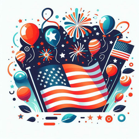 Independence day greeting card with american flag and fireworks, vector illustrationのイラスト素材