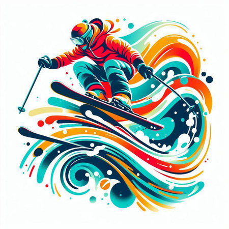 Vector illustration of skier jumping on a colorful background with splashesのイラスト素材