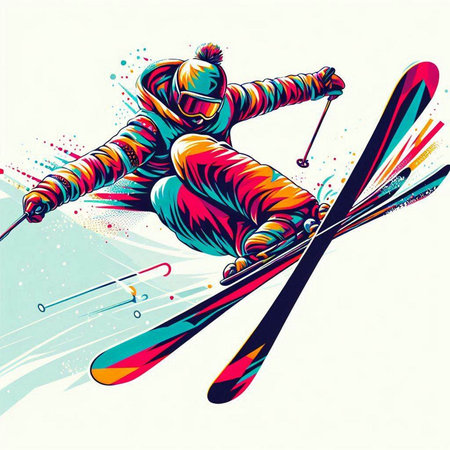 Vector illustration of a skier jumping with skis in the airのイラスト素材
