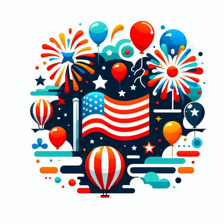 USA Independence Day greeting card. United states of America flag in round frame with colorful balloons and fireworks. Vector illustration.のイラスト素材