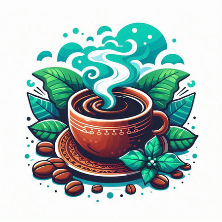 Coffee cup with leaves and steam. Hand drawn vector illustration.のイラスト素材