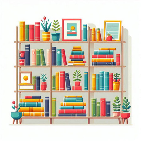 Bookshelf with books and decorations. Vector illustration in flat styleのイラスト素材