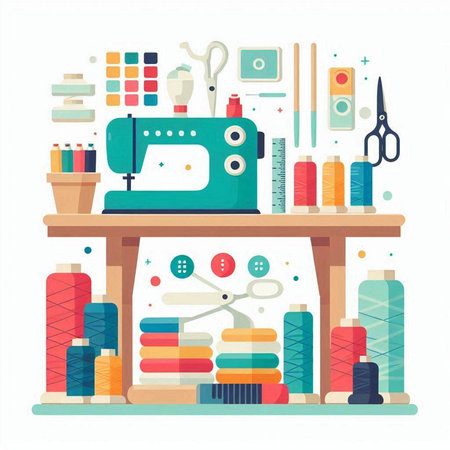 Sewing and needlework tools and accessories. Vector illustration in flat style.のイラスト素材