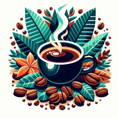 Coffee cup and coffee beans with leaves. Vector illustration.のイラスト素材