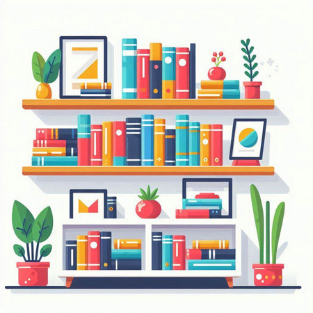 Bookshelf with books and plants. Vector illustration in flat styleのイラスト素材