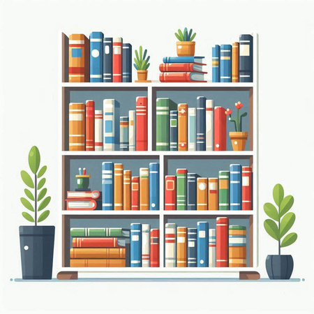 Bookshelf with books and plants. Vector illustration in flat styleのイラスト素材