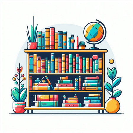Bookshelf with books, globe and plants. Vector illustration.のイラスト素材