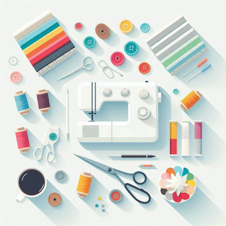 Sewing tools and accessories on white background. Vector illustration.のイラスト素材
