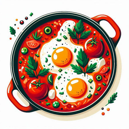Fried eggs in a frying pan with vegetables. Vector illustration.のイラスト素材