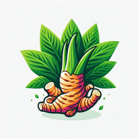 Illustration of fresh ginger root with leaves on white background - vectorのイラスト素材
