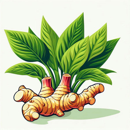 Ginger root with leaves. Vector illustration. Isolated on white background.のイラスト素材