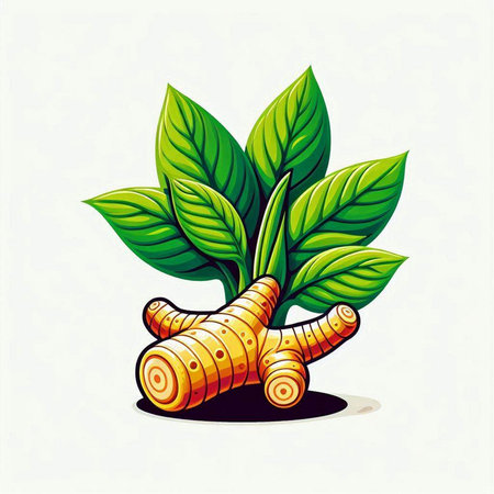 ginger root and green leaves vector illustration isolated on white background.のイラスト素材