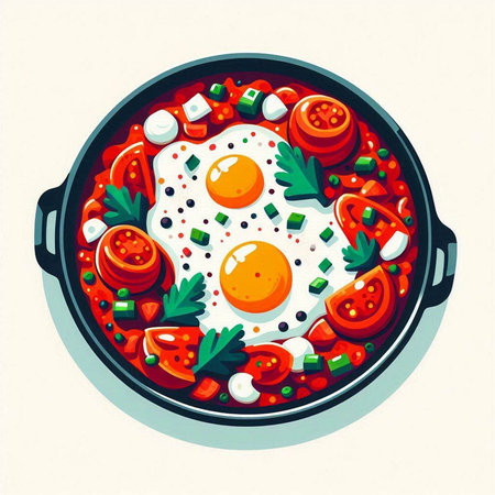 Fried eggs with tomatoes and parsley in a frying pan. Vector illustration.のイラスト素材