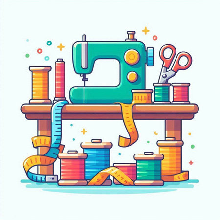Sewing tools. Sewing machine, thread, needles, measuring tape, pins, scissors. Flat vector illustration.のイラスト素材