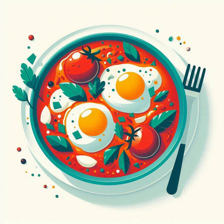 Fried eggs in tomato sauce on a plate. Vector illustration.のイラスト素材