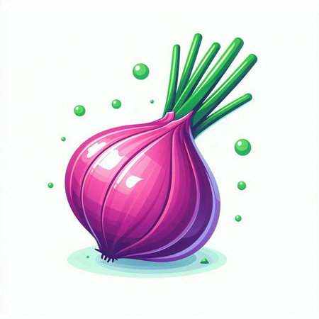 Illustration of fresh red onion with green sprouts on white backgroundのイラスト素材