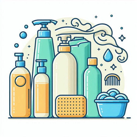 Vector illustration of plastic bottles with liquid soap, shower gel and sponge.のイラスト素材