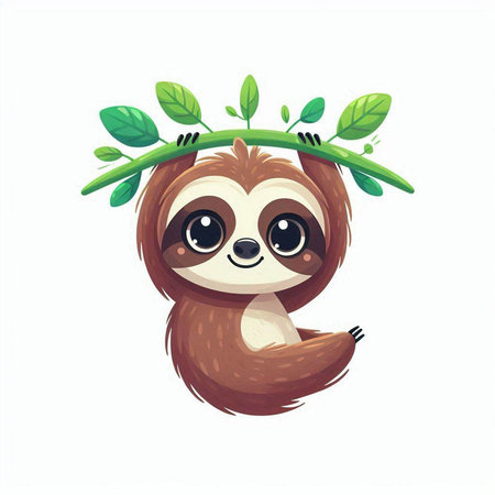 Cute cartoon sloth character with green leaves. Vector illustration.のイラスト素材