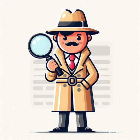 Cartoon detective with magnifying glass and mustache. Vector illustration.のイラスト素材