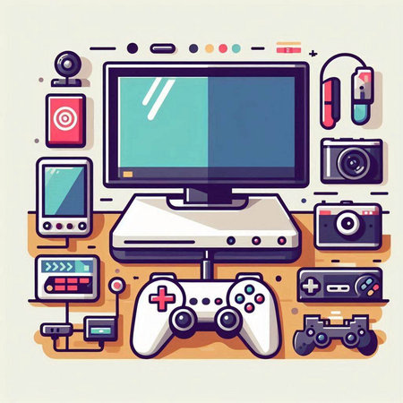 Retro video game console and gaming equipment. Colorful vector illustration.のイラスト素材
