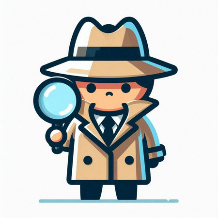 Cute detective with magnifying glass. Vector illustration in cartoon styleのイラスト素材