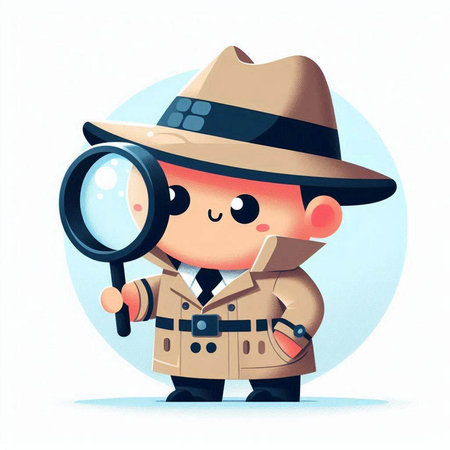 Cute detective with magnifying glass. Vector illustration in cartoon styleのイラスト素材
