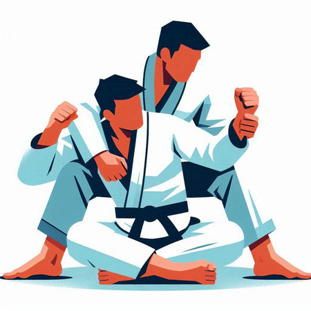 Martial arts combat vector illustration. Karate fighter in kimono trainingのイラスト素材