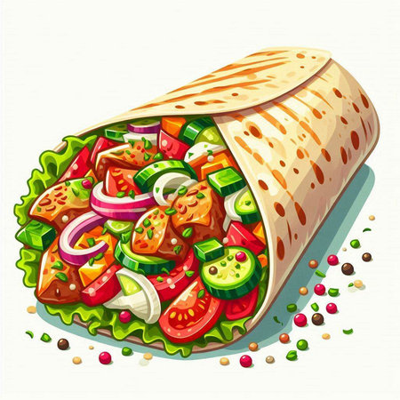 Illustration of a tortilla wrap with vegetables and meat on a white backgroundのイラスト素材