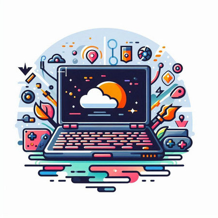 Laptop with cloud on screen. Vector illustration in thin line style.のイラスト素材