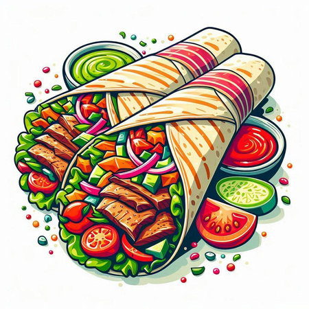 Tortilla wrap with meat, vegetables and sauce. Vector illustration.のイラスト素材