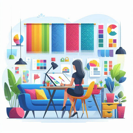Vector illustration of business woman working at home office. Female character in hijab sitting at desk and working on laptop. Work from home concept.のイラスト素材