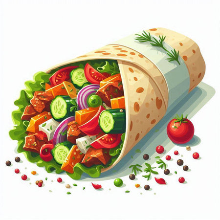 Tortilla wrap with fresh vegetables and herbs. Vector illustration.のイラスト素材
