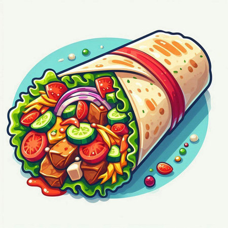 Vector illustration of a tortilla wrap with meat, vegetables and sauceのイラスト素材