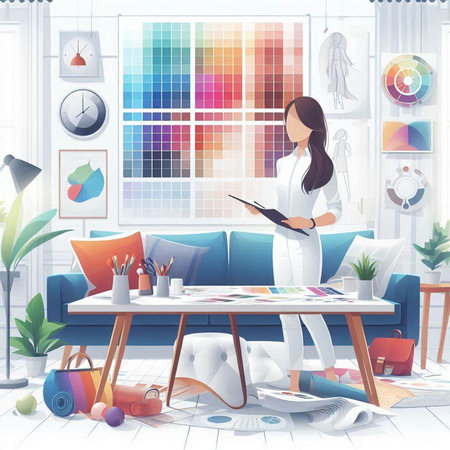Illustration of a young woman working on her project in the officeのイラスト素材