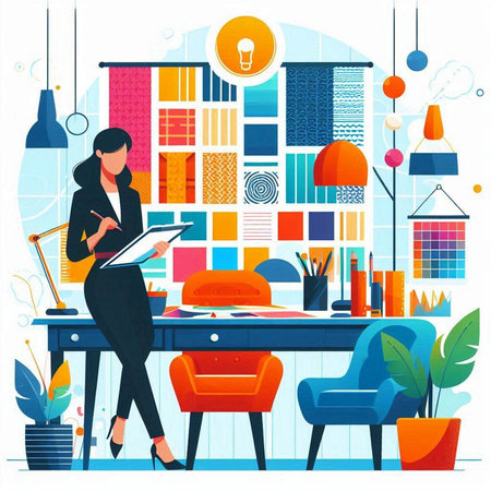 Vector illustration of a young business woman working at the office. Workplace in flat style.のイラスト素材