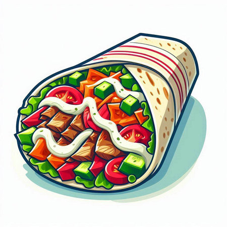 Illustration of a tortilla wrap with vegetables on a white backgroundのイラスト素材