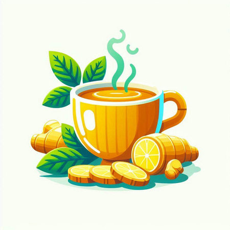 Cup of ginger tea with lemon and leaves. Vector illustration.のイラスト素材