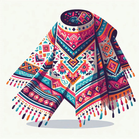 Vector illustration of a colorful hand-drawn scarf with ornamentsのイラスト素材