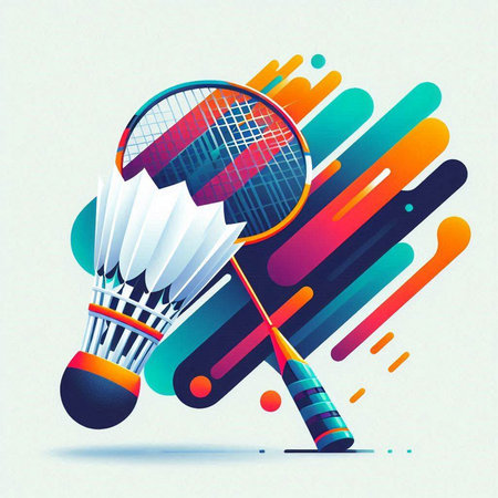 Badminton racket and shuttlecock on colorful background. Vector illustration.のイラスト素材