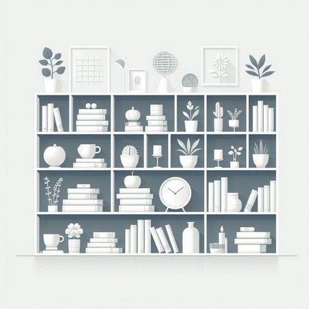 Bookshelf with books and decorations on the wall. Vector illustration.のイラスト素材