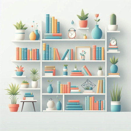 Shelves with books and plants in the interior. Vector illustration.のイラスト素材